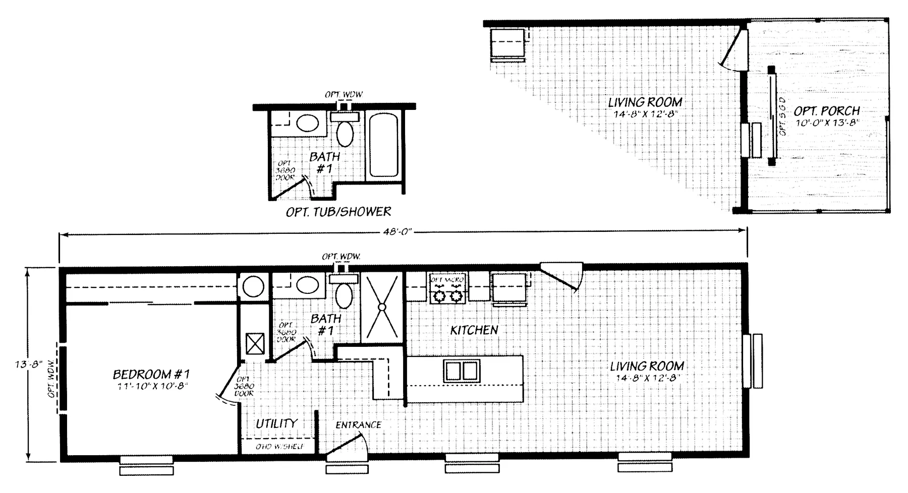 Floor plan of the Ascent 14481D: 1 bed, 1 bath, 792 sq ft, 13.8 by 48 feet