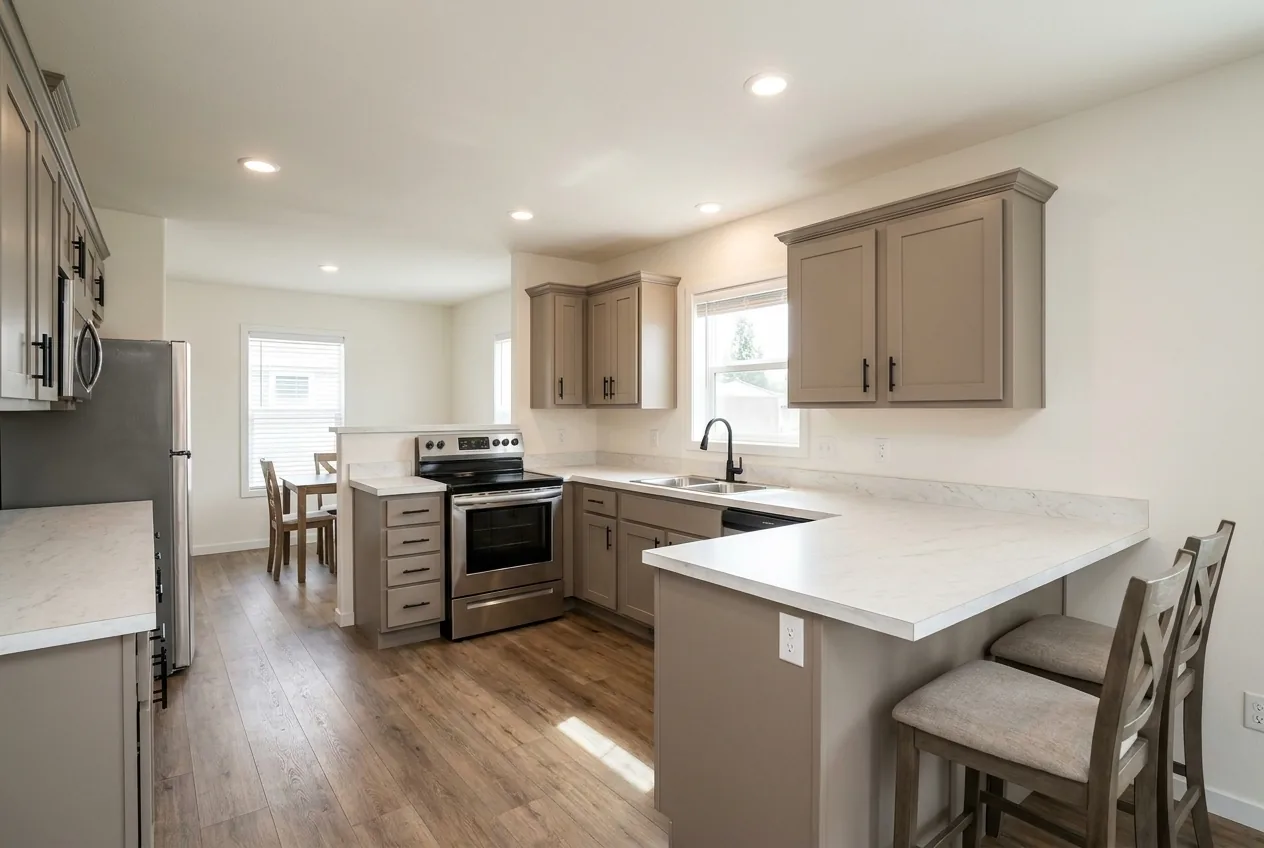 Illustration of the kitchen in the Sandpointe 14582A (finishes and options may vary)