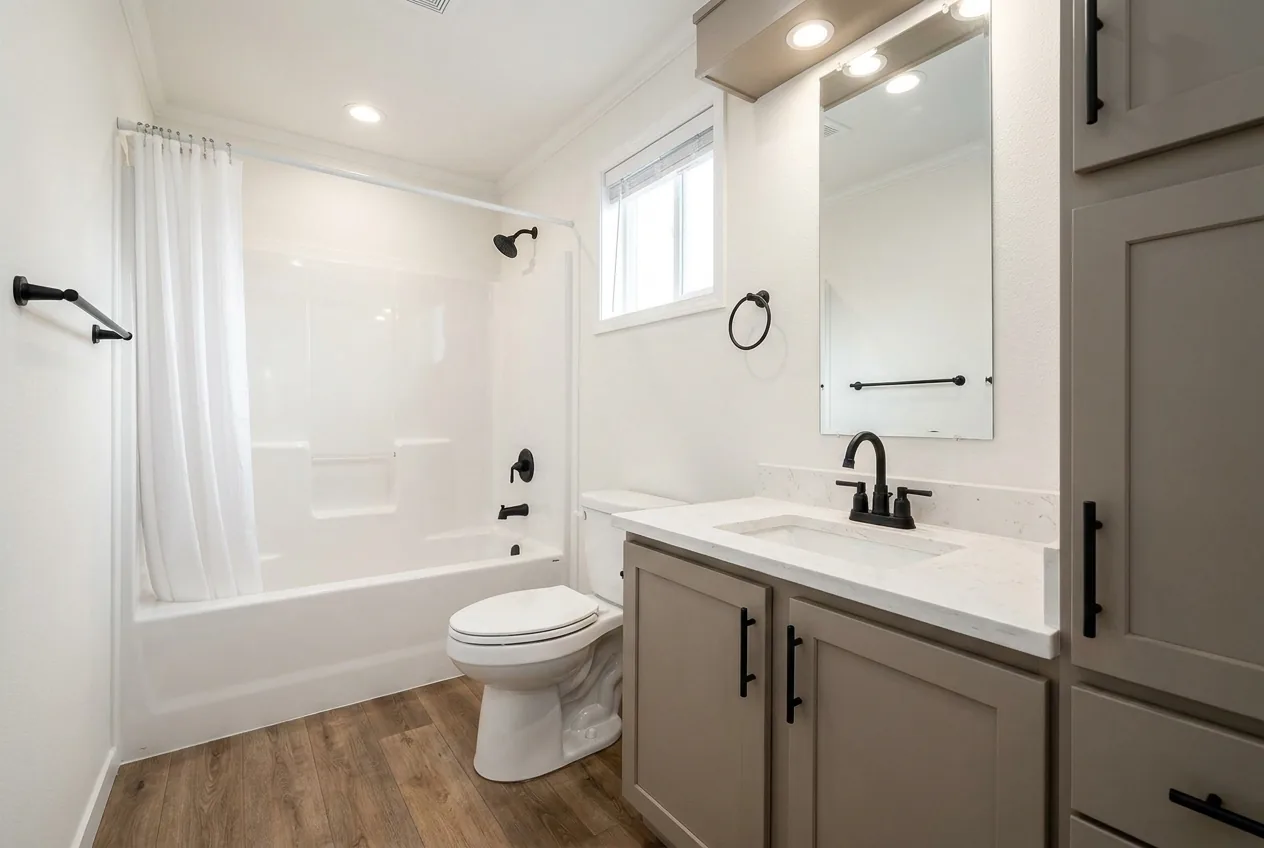 Illustration of the main bathroom in the Sandpointe 14582A (finishes and options may vary)