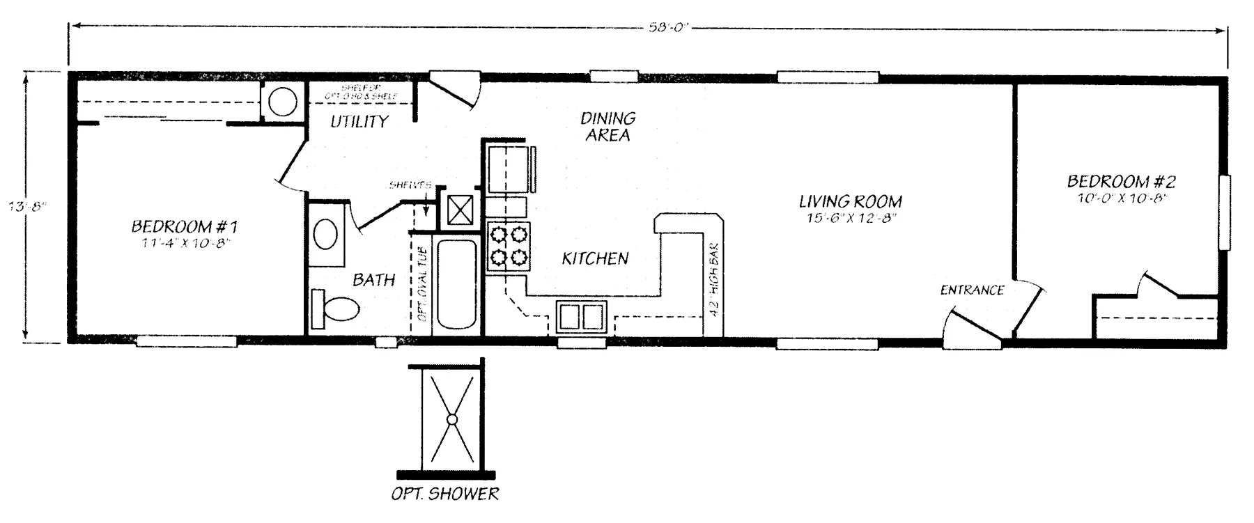Floor plan of the Sandpointe 14582A: 2 bed, 1 bath, 792 sq ft, 13.8 by 58 feet
