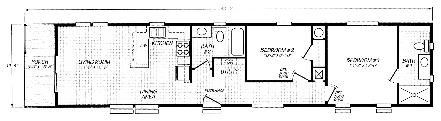 Floor plan of the Ascent 14612D: 2 bed, 2 bath, 833 sq ft, 13.8 by 66 feet