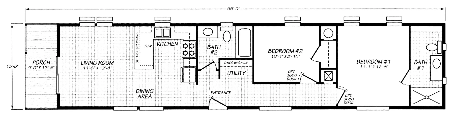Floor plan of the Ascent 14612K: 2 bed, 2 bath, 833 sq ft, 13.8 by 66 feet