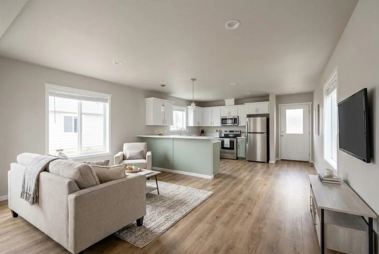 Illustration of the living room in the Sandpointe 14662A (finishes and options may vary)