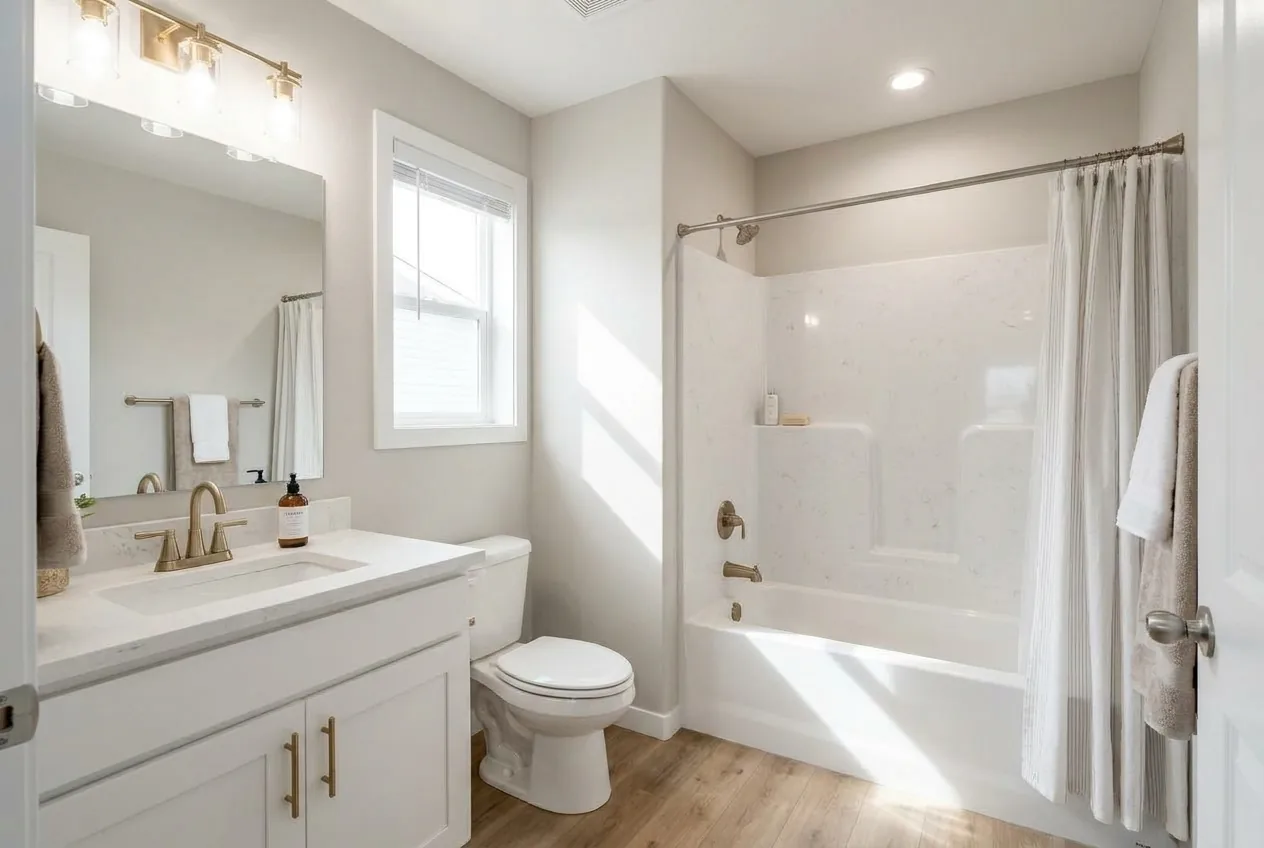 Illustration of the main bathroom in the Sandpointe 14662A (finishes and options may vary)