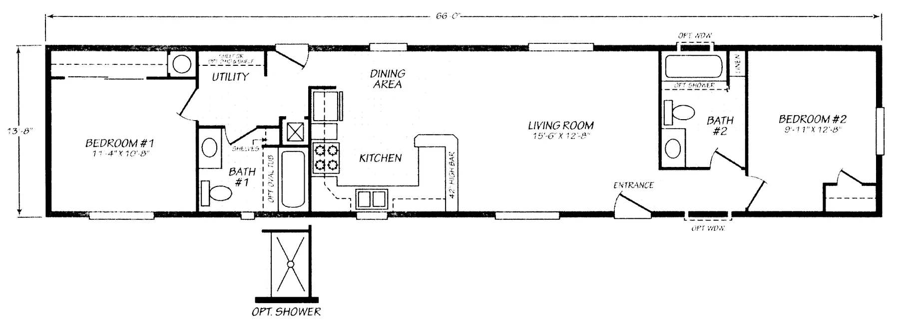 Floor plan of the Sandpointe 14662A: 2 bed, 2 bath, 902 sq ft, 13.8 by 66 feet