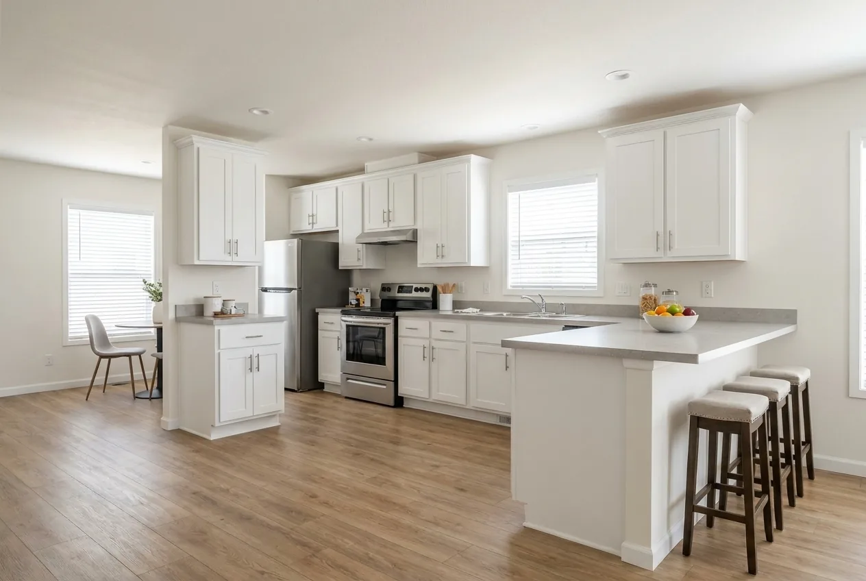 Illustration of the kitchen in the Sandpointe 14663A (finishes and options may vary)
