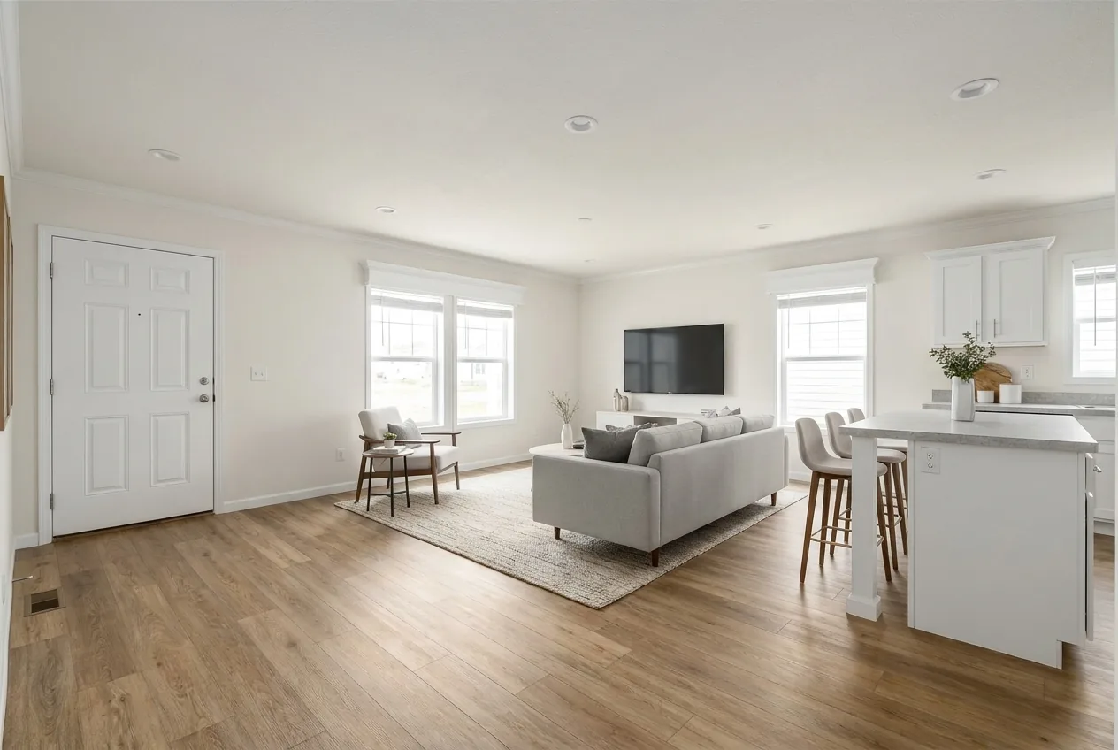 Illustration of the living room in the Sandpointe 14663A (finishes and options may vary)