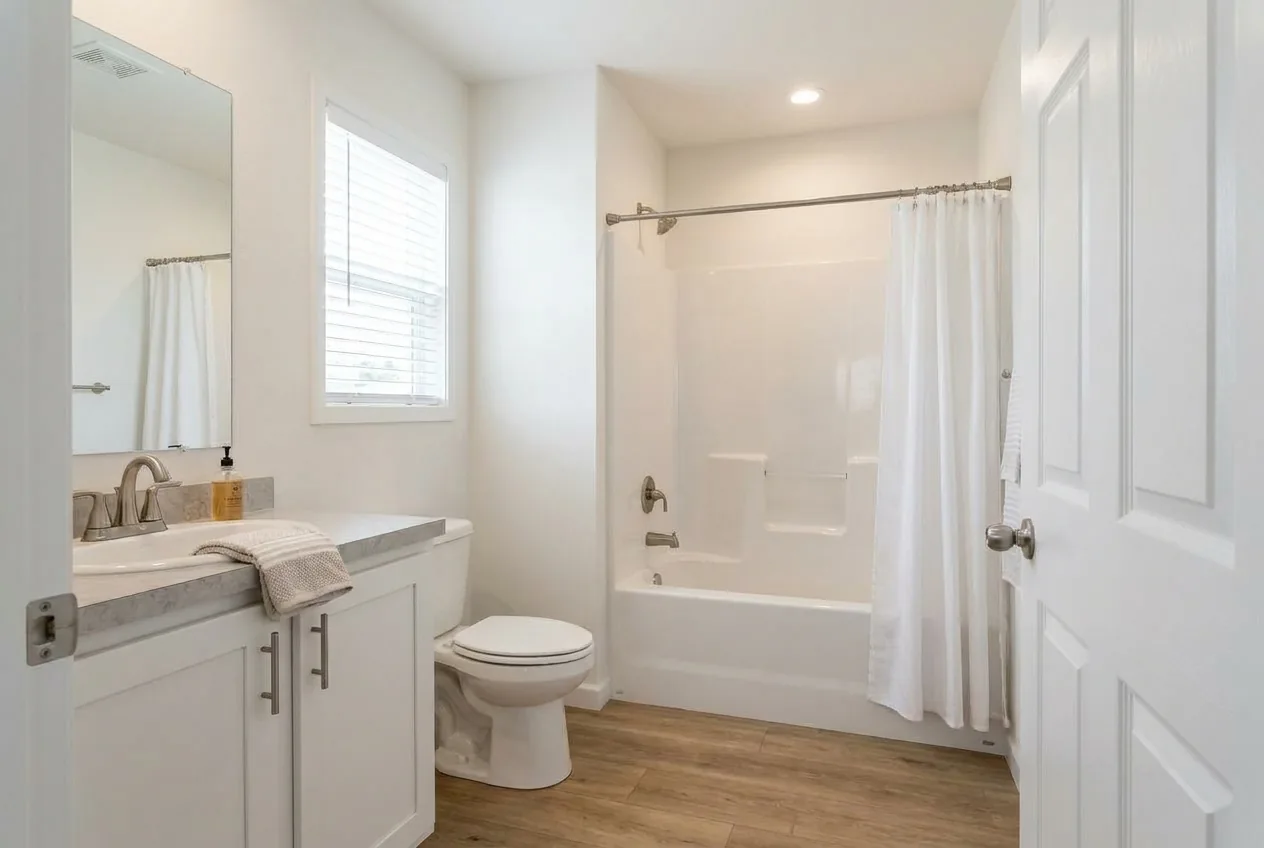 Illustration of the main bathroom in the Sandpointe 14663A (finishes and options may vary)