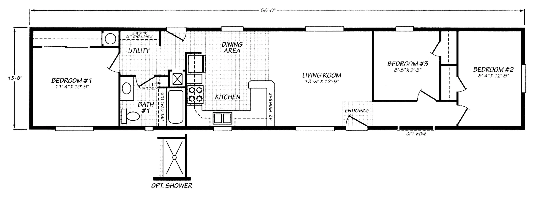 Floor plan of the Sandpointe 14663A: 3 bed, 1 bath, 906 sq ft, 13.8 by 66 feet