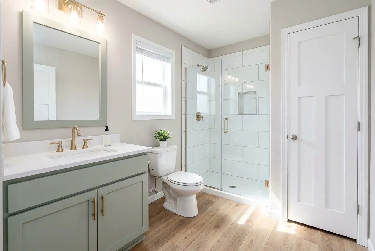 Illustration of the main bathroom in the Pure 14663M (finishes and options may vary)