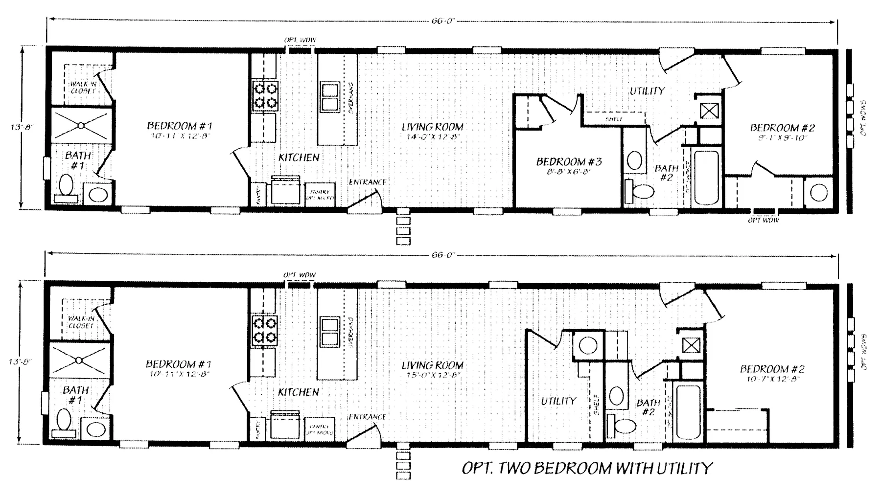 Floor plan of the Pure 14663M: 3 bed, 2 bath, 902 sq ft, 13.8 by 66 feet