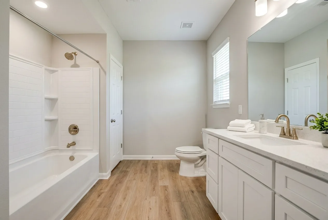 Illustration of the main bathroom in the Sandpointe 28482A (finishes and options may vary)