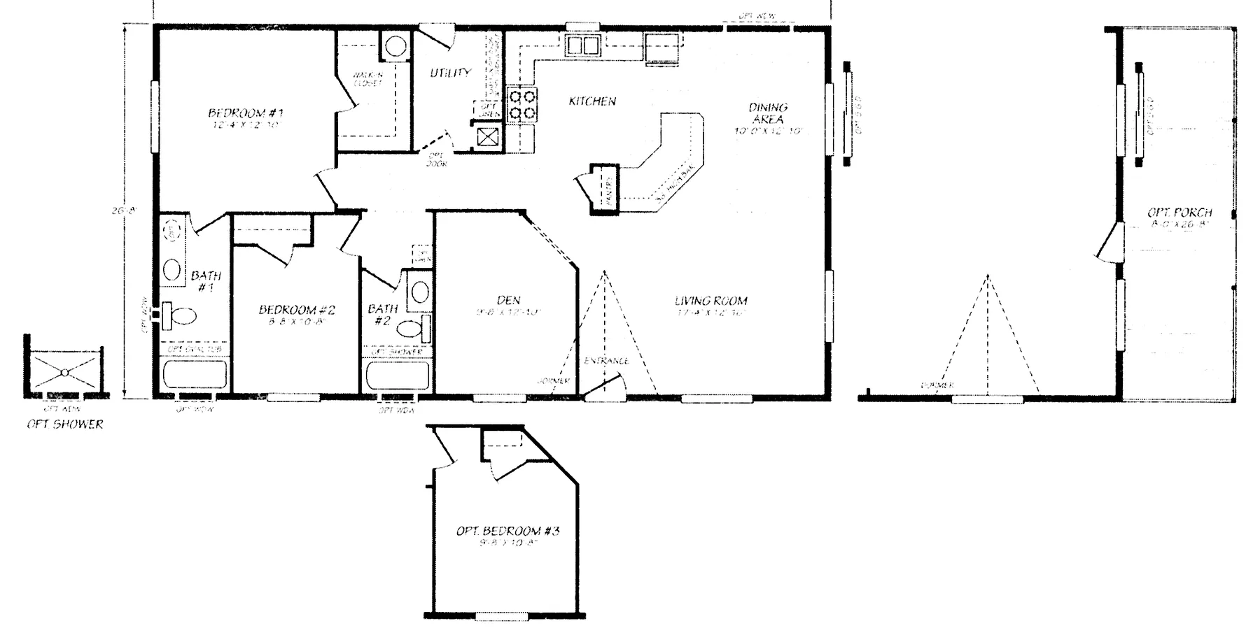 Floor plan of the Sandpointe 28482A: 2 bed, 2 bath, 1,280 sq ft, 26.8 by 48 feet