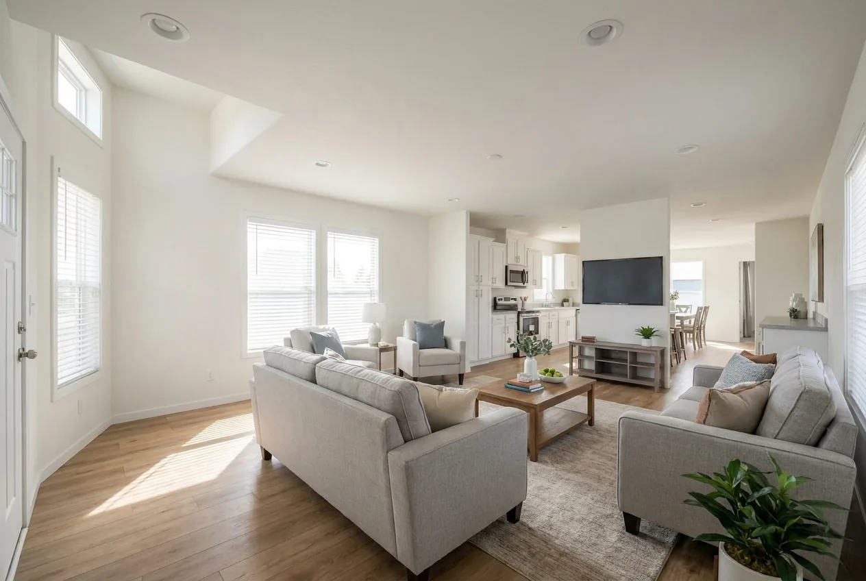 Illustration of the living room in the Eagle 28483C (finishes and options may vary)