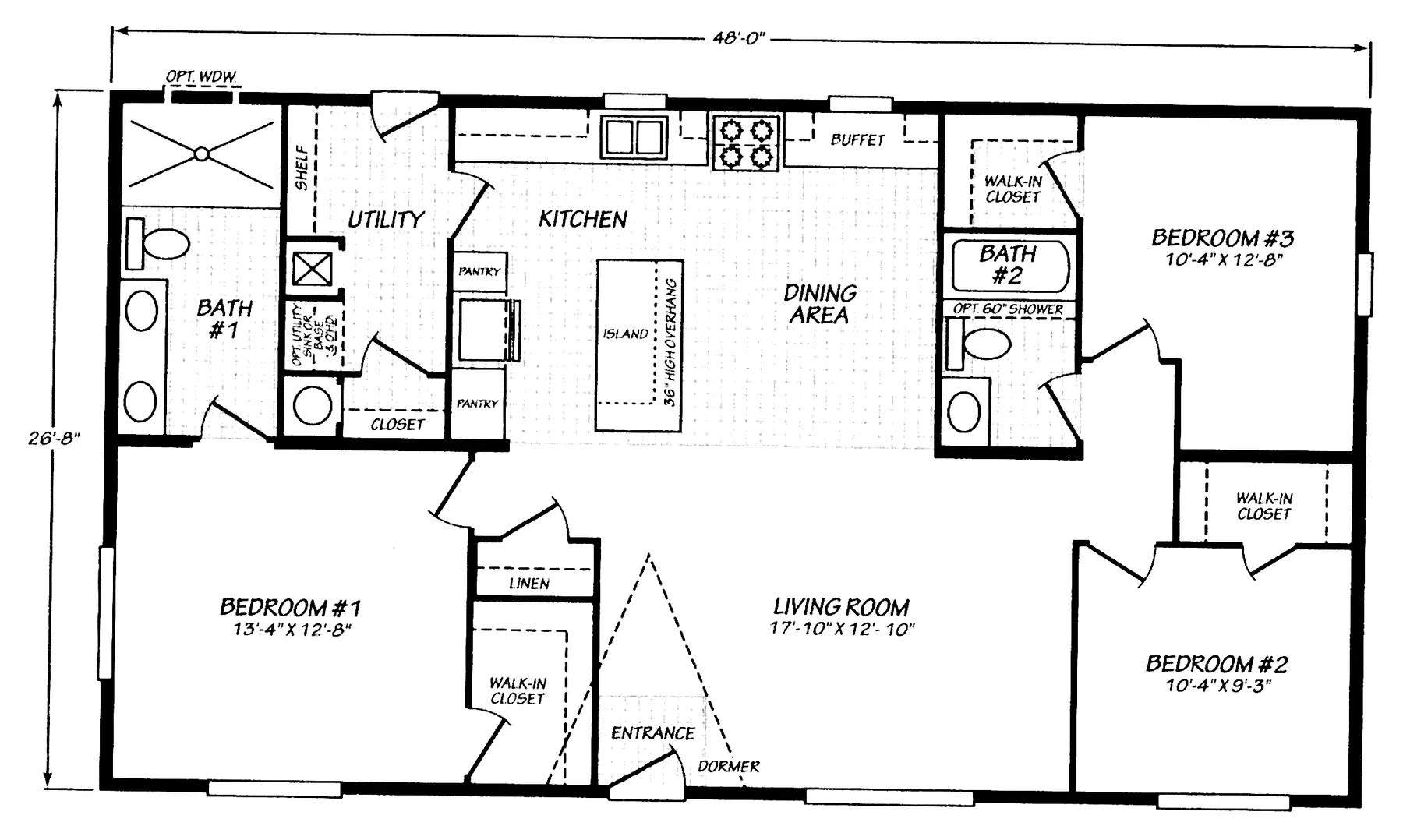 Floor plan of the Eagle 28483C: 3 bed, 2 bath, 1,280 sq ft, 26.8 by 48 feet
