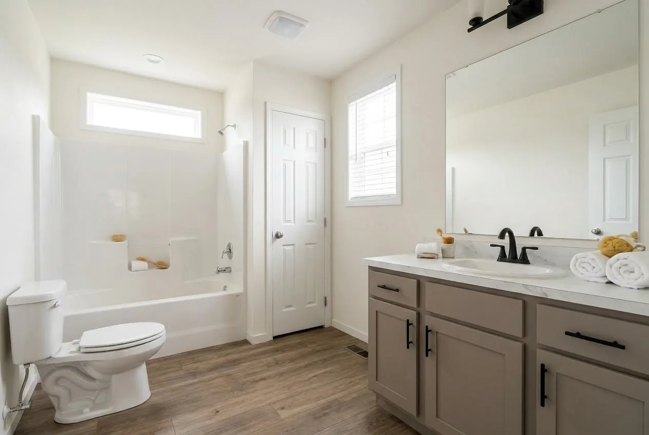 Illustration of the main bathroom in the Juniper 28563L (finishes and options may vary)