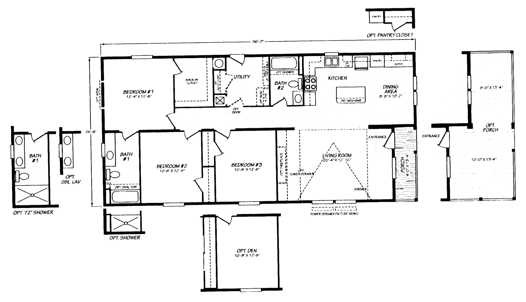 Floor plan of the Juniper 28563L: 3 bed, 2 bath, 1,440 sq ft, 26.8 by 56 feet