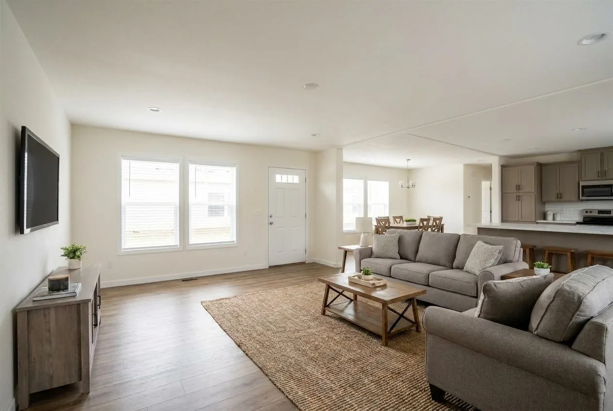Illustration of the living room in the Pure 28563M (finishes and options may vary)