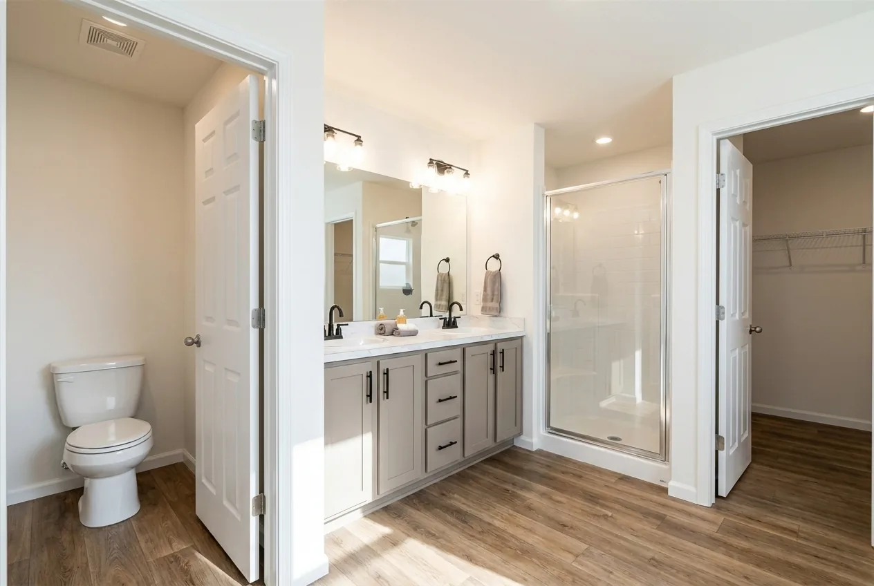 Illustration of the main bathroom in the Pure 28563M (finishes and options may vary)
