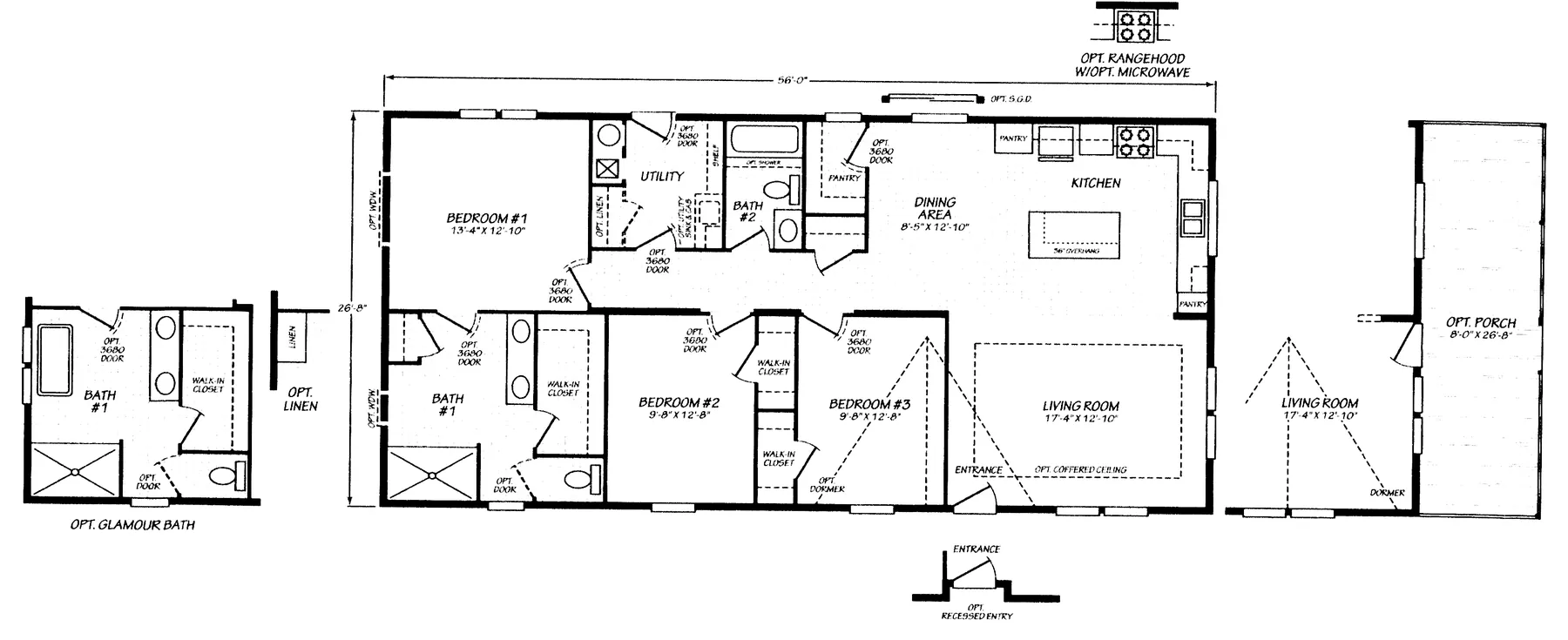 Floor plan of the Pure 28563M: 3 bed, 2 bath, 1,493 sq ft, 26.8 by 56 feet