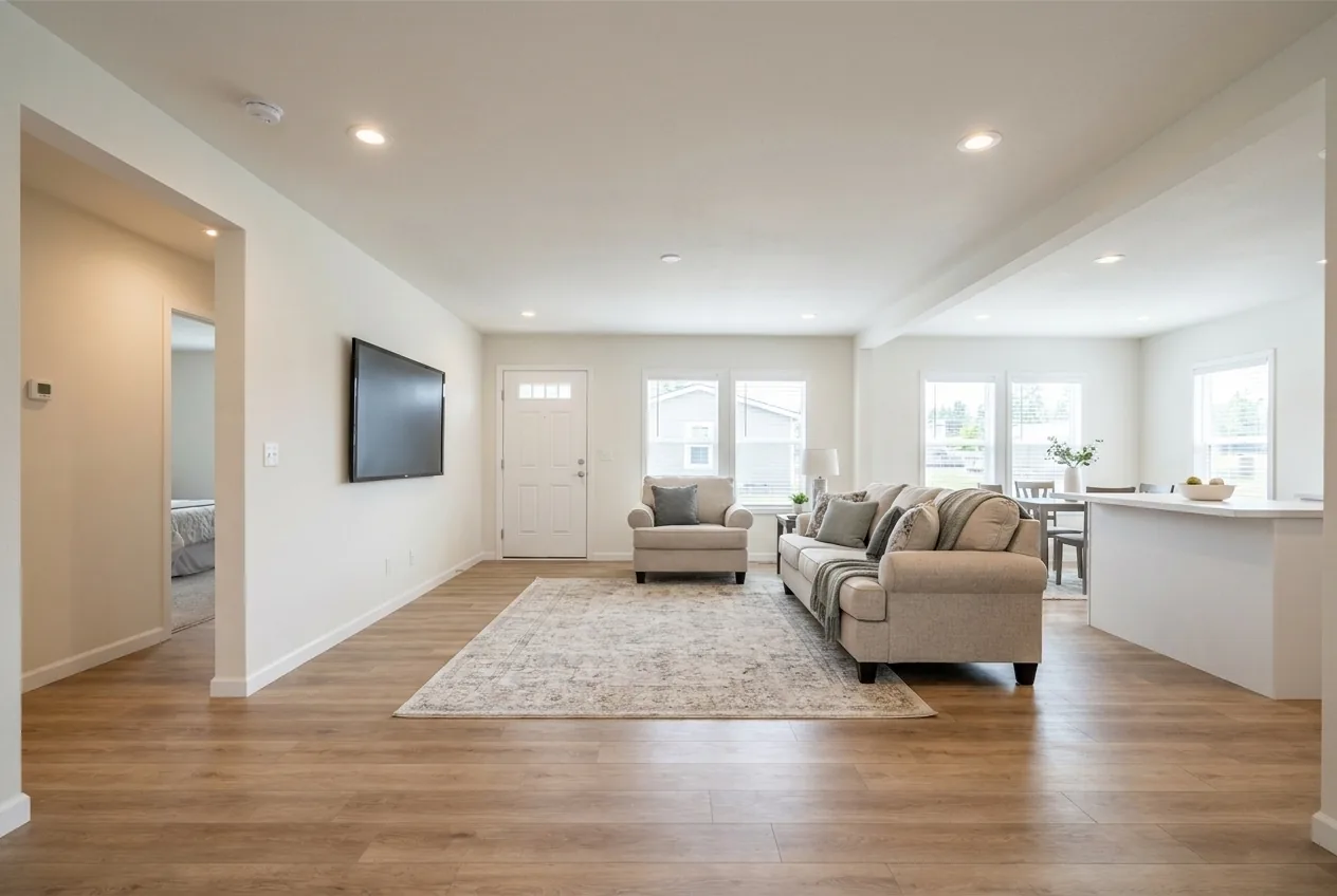 Illustration of the living room in the Evergreen 28603Z (finishes and options may vary)