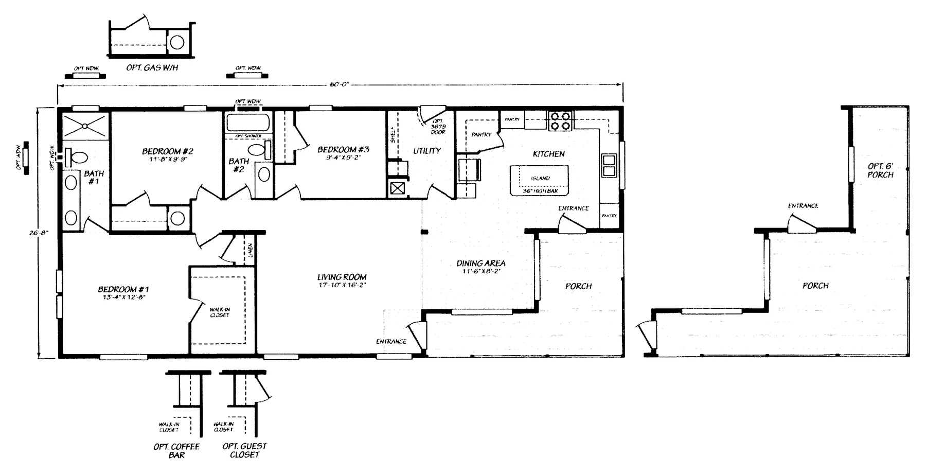 Floor plan of the Evergreen 28603Z: 3 bed, 2 bath, 1,425 sq ft, 26.8 by 60 feet