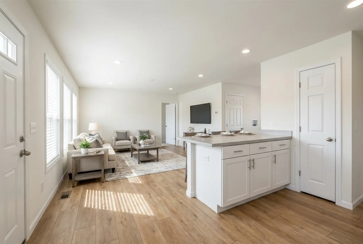 Illustration of the living room in the Sandpointe 28664A (finishes and options may vary)