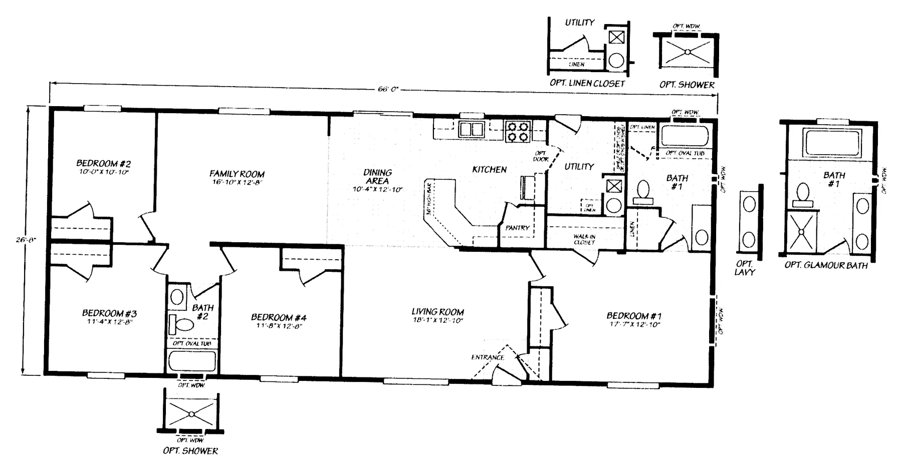 Floor plan of the Sandpointe 28664A: 4 bed, 2 bath, 1,760 sq ft, 26.8 by 66 feet
