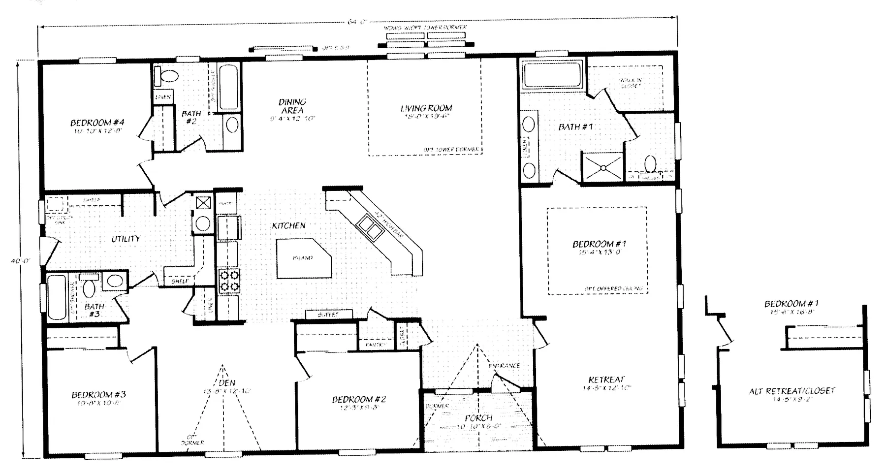 Floor plan of the Wingate 40644G: 4 bed, 3 bath, 2,495 sq ft, 40 by 64 feet