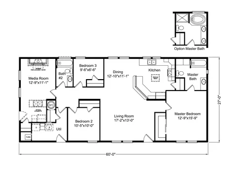 Floor plan of the Santiam 28603C: 3 bed, 2 bath, 1,620 sq ft, 27 by 60 feet
