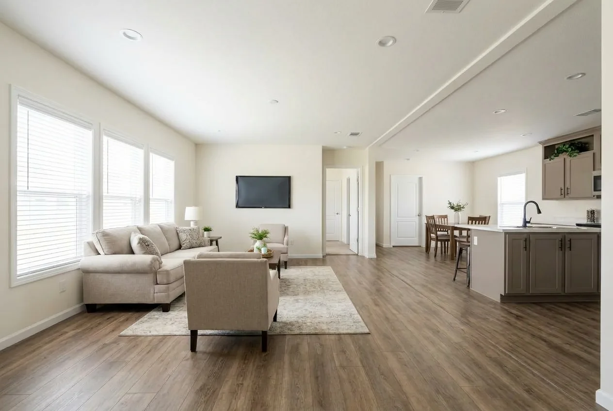 Illustration of the living room in the Truman I 28603A (finishes and options may vary)