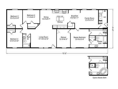 Floor plan of the Wilson 28714A: 4 bed, 2 bath, 1,908 sq ft, 27 by 70.7 feet