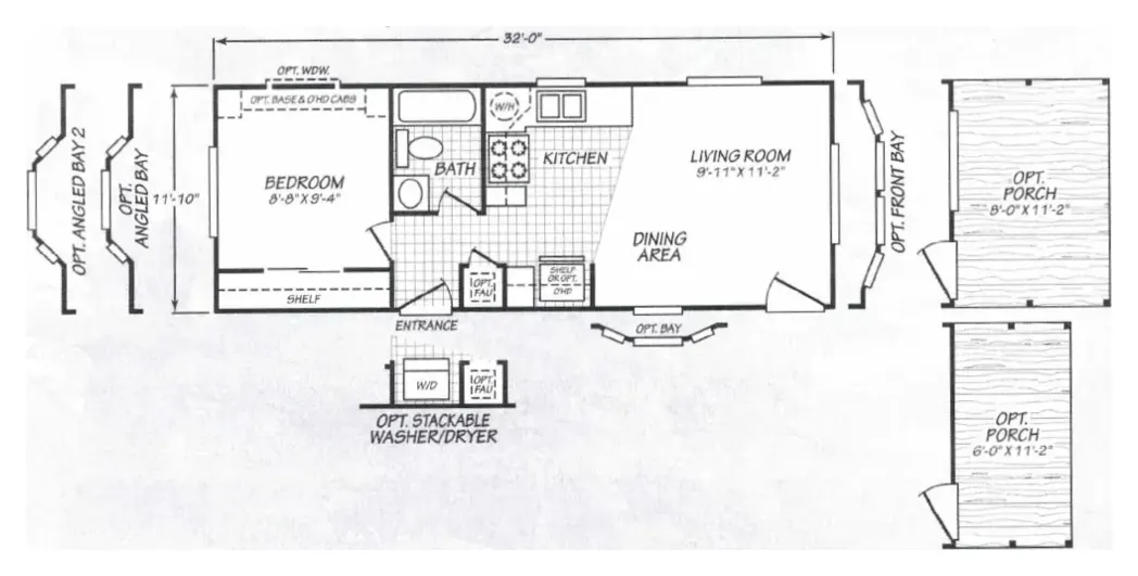 Floor plan of the Cascadia 12321T: 1 bed, 1 bath, 384 sq ft, 11 by 32 feet