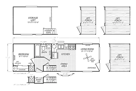 Floor plan of the 12351L: 1 bed, 1 bath, 389 sq ft, 11 by 34 feet
