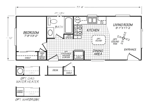 Floor plan of the 12351U: 1 bed, 1 bath, 400 sq ft, 11 by 33 feet