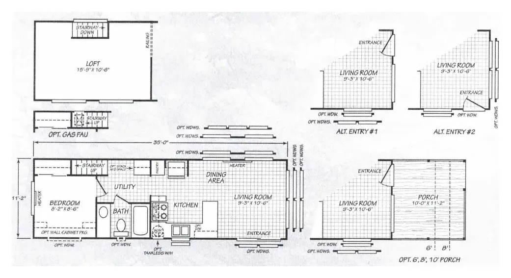 Floor plan of the Cascadia 12351X: 1 bed, 1 bath, 399 sq ft, 11.2 by 35 feet