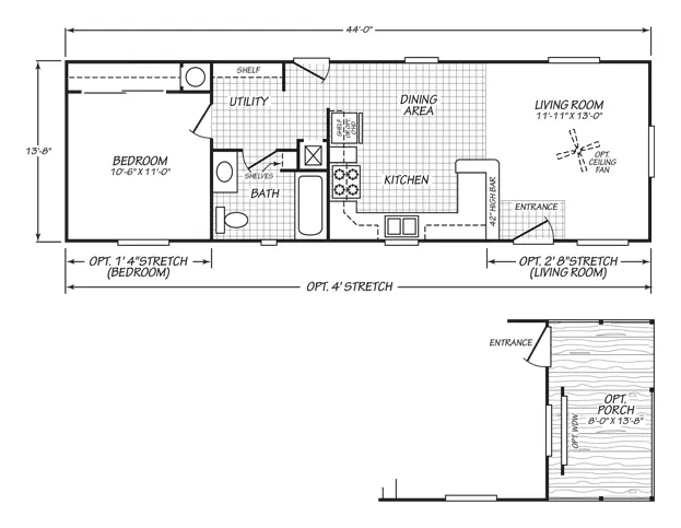 Floor plan of the Sandpointe 14441A: 1 bed, 1 bath, 601 sq ft, 13.8 by 44 feet