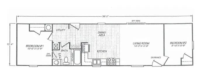 Floor plan of the Eagle 14562S: 2 bed, 1 bath, 765 sq ft, 13.8 by 56 feet