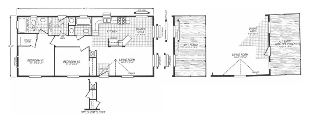 Floor plan of the Evergreen 20442F: 2 bed, 2 bath, 865 sq ft, 19.8 by 44 feet