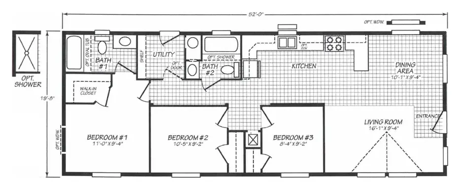 Floor plan of the Evergreen 20523F: 3 bed, 2 bath, 1,180 sq ft, 19.8 by 52 feet