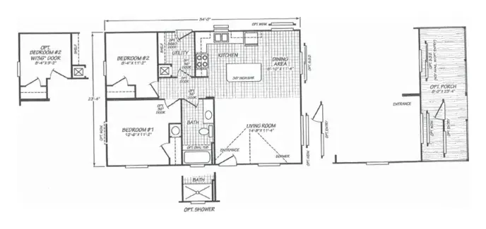 Floor plan of the Evergreen 24342E: 2 bed, 1 bath, 793 sq ft, 23.4 by 34 feet