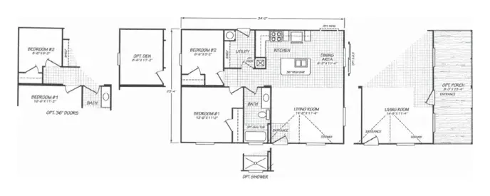 Floor plan of the Juniper 24342R: 2 bed, 1 bath, 793 sq ft, 23.4 by 34 feet