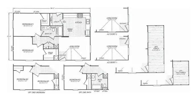 Floor plan of the Juniper 24382R: 2 bed, 1 bath, 886 sq ft, 23.4 by 38 feet