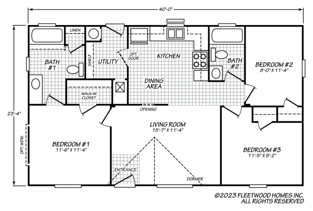 Floor plan of the Evergreen 24403E: 3 bed, 2 bath, 933 sq ft, 23.4 by 40 feet