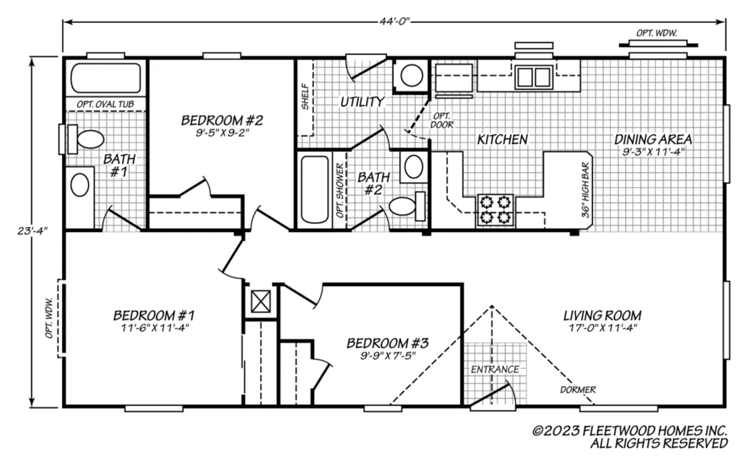 Floor plan of the Evergreen 24443E: 3 bed, 2 bath, 1,026 sq ft, 23.4 by 44 feet