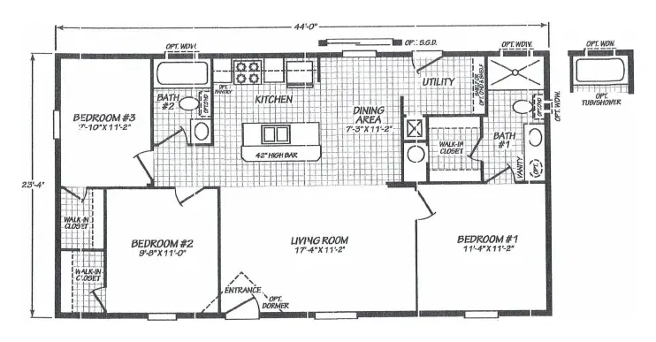 Floor plan of the Pure 24443U: 3 bed, 2 bath, 1,026 sq ft, 23.4 by 44 feet