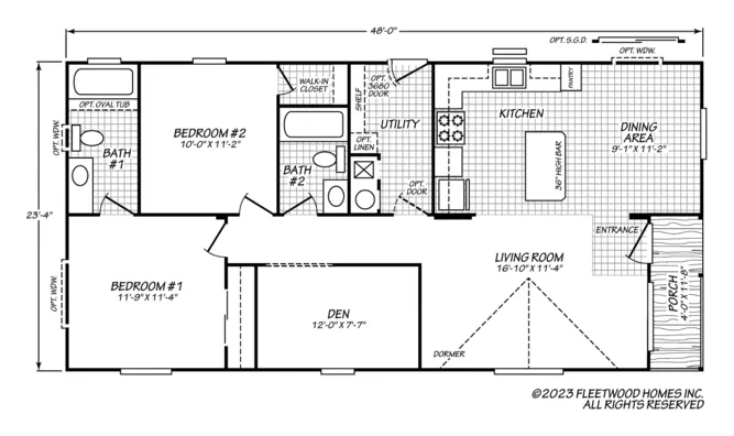 Floor plan of the Evergreen 24482E: 2 bed, 2 bath, 1,120 sq ft, 23.4 by 48 feet