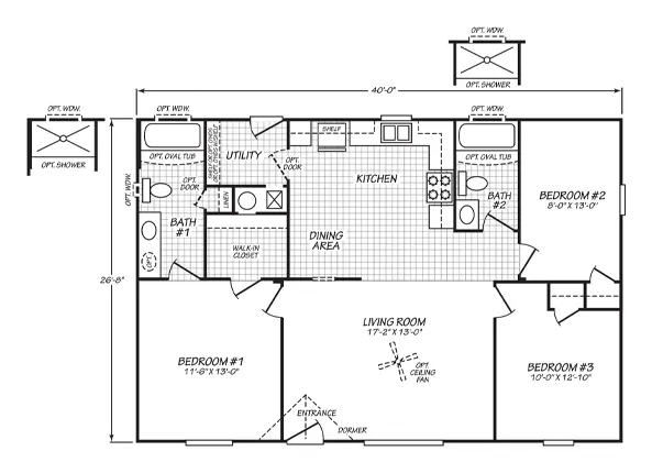Floor plan of the Sandpointe 28403A: 3 bed, 2 bath, 1,066 sq ft, 26.8 by 40 feet