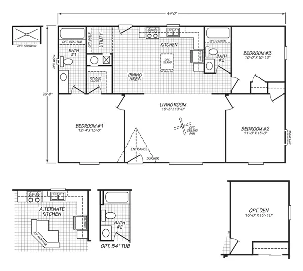 Floor plan of the Eagle 28443S: 3 bed, 2 bath, 1,173 sq ft, 26.8 by 44 feet
