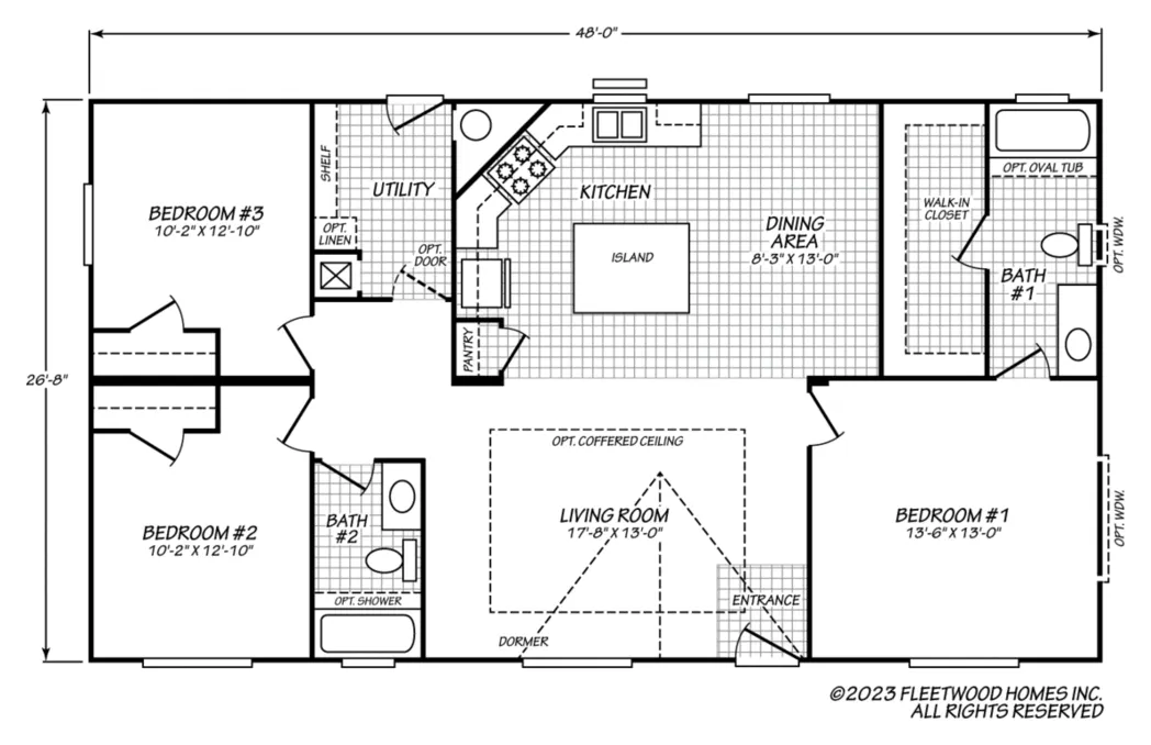 Floor plan of the Evergreen 28483E: 3 bed, 2 bath, 1,280 sq ft, 26.8 by 48 feet
